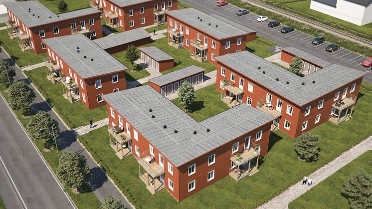 Översiktsillustration över den kommande BoKlok-bebyggelsen i södra Gunsta. 