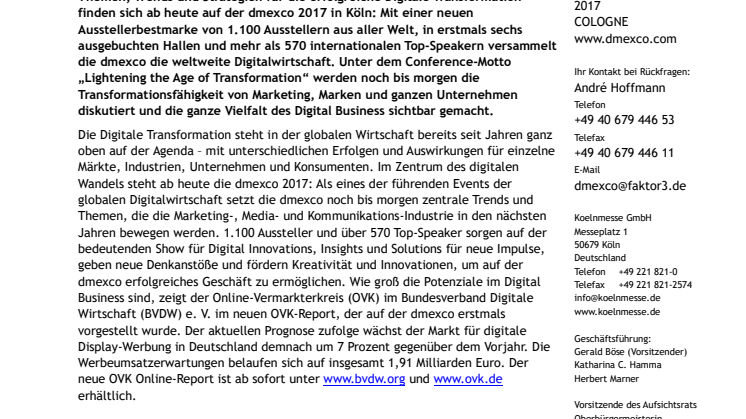dmexco 2017 bildet für zwei Tage das Zentrum der Digitalen Transformation
