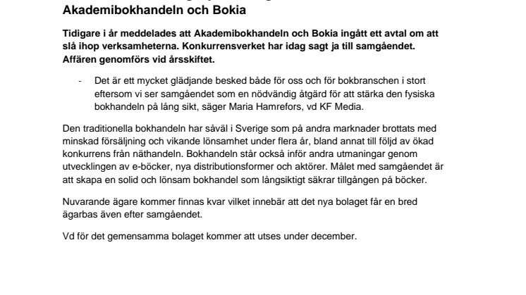 Konkurrensverket säger ja till samgående mellan Akademibokhandeln och Bokia