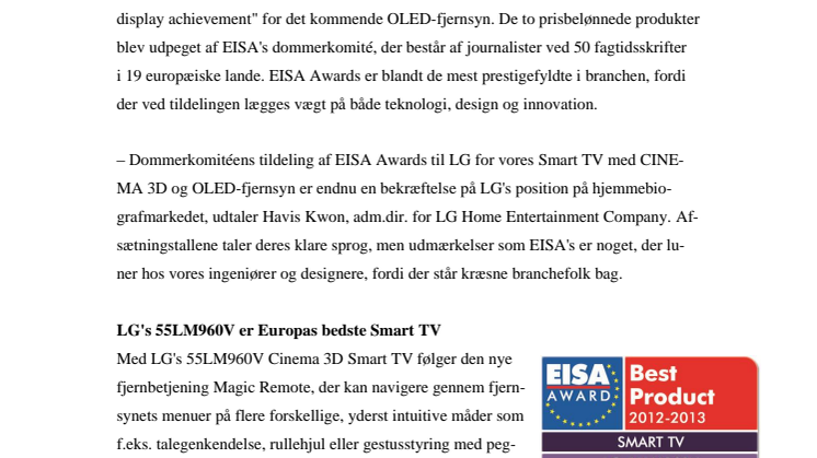 LG HAR EUROPAS BEDSTE SMART TV IFØLGE EISA