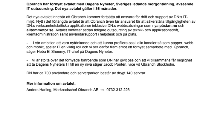 QBRANCH FÅR FÖRNYAT AVTAL MED DAGENS NYHETER