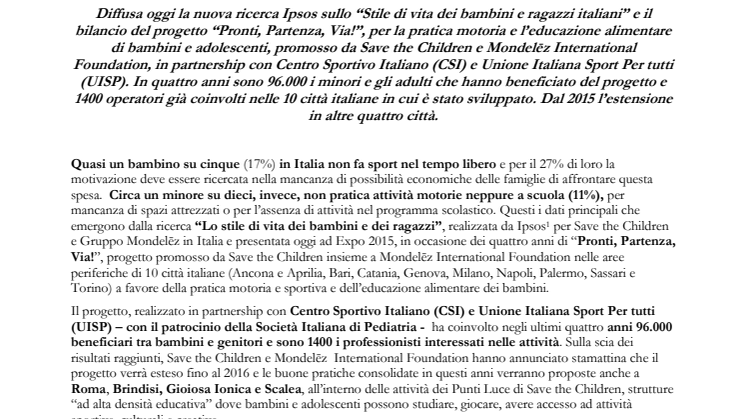Bambini, stili di vita e abitudini alimentari: lancio della nuova ricerca IPSOS per Save the Children e Gruppo Mondelez in Italia e i risultati del progetto "Pronti, Partenza, Via!"