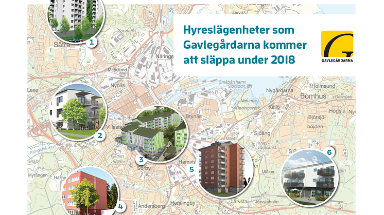 Under 2018 släpps 232 hyreslägenheter i Gävle hos Gavlegårdarna. Se var de finns, när inflyttning sker  och när man kan anmäla intresse.