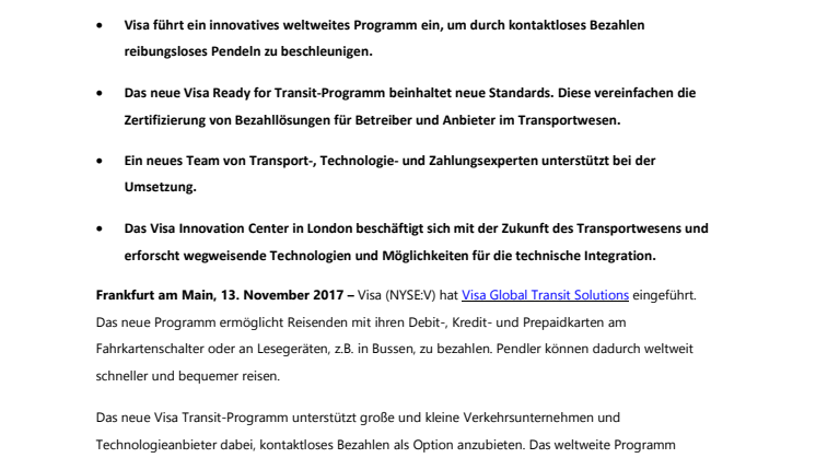 Visa gestaltet das Bezahlerlebnis im Transportwesen neu – Die Suche nach Bargeld oder Papiertickets hat ein Ende  