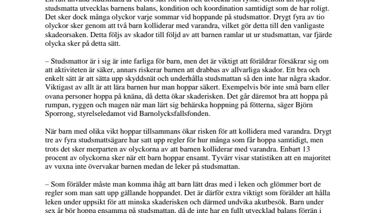 Nio av tio hushåll med studsmattor är oroliga för skaderisken
