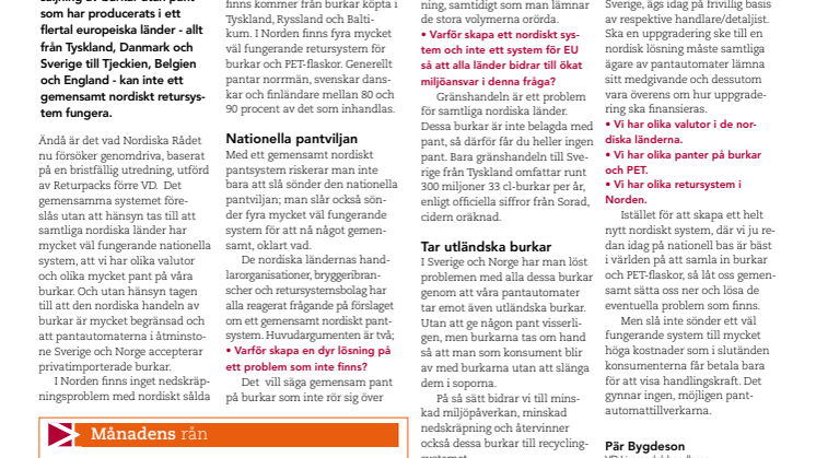 Nej till gemensamt nordiskt pantsystem