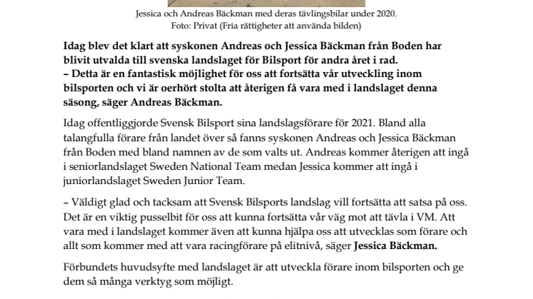 Bäckmans uttagna till landslaget för andra året i rad