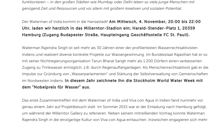VIVA CON AGUA MIT DEM WATERMAN OF INDIA AUF DER INDIA WEEK IN HAMBURG 2. BIS 8. NOVEMBER
