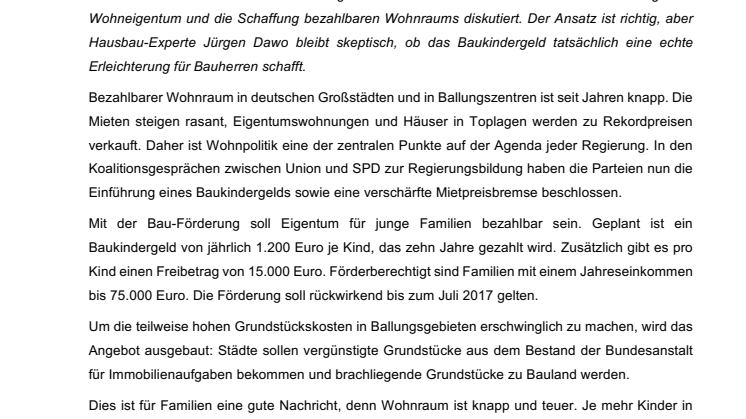 Baukindergeld 2018 soll kommen