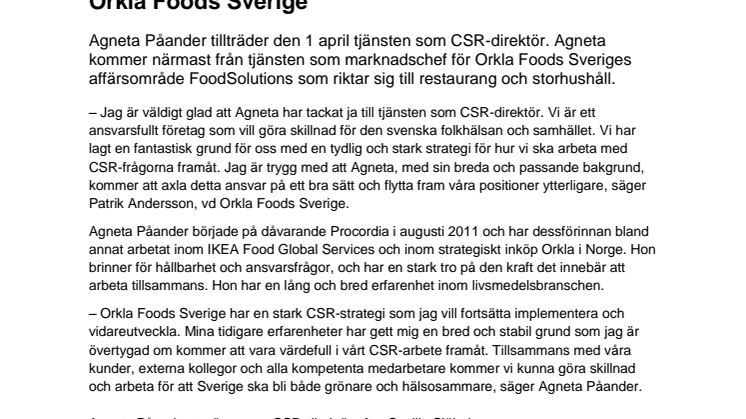 Agneta Påander ny CSR-direktör på Orkla Foods Sverige