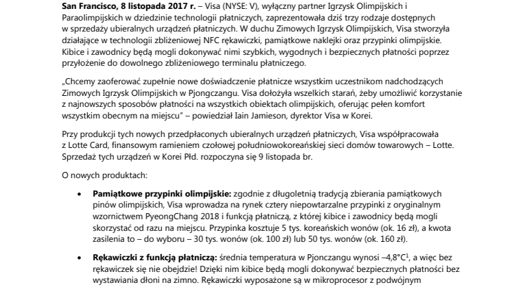 Visa wprowadza nowe płatnicze urządzenia ubieralne dla kibiców uczestniczących w Zimowych Igrzyskach Olimpijskich PyeongChang 2018