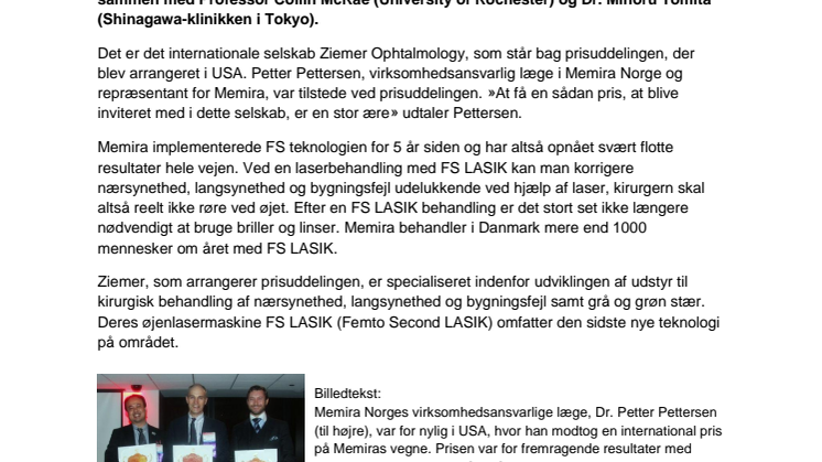 Memira modtager international pris for synskorrigerende laseroperationer