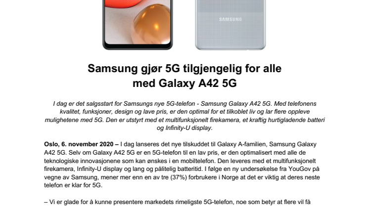 Samsung gjør 5G tilgjengelig for alle med Galaxy A42 5G