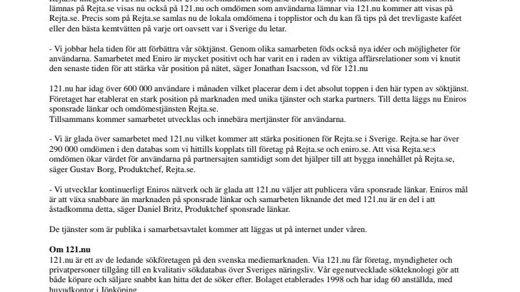 121.nu och Eniro tecknar samarbetsavtal
