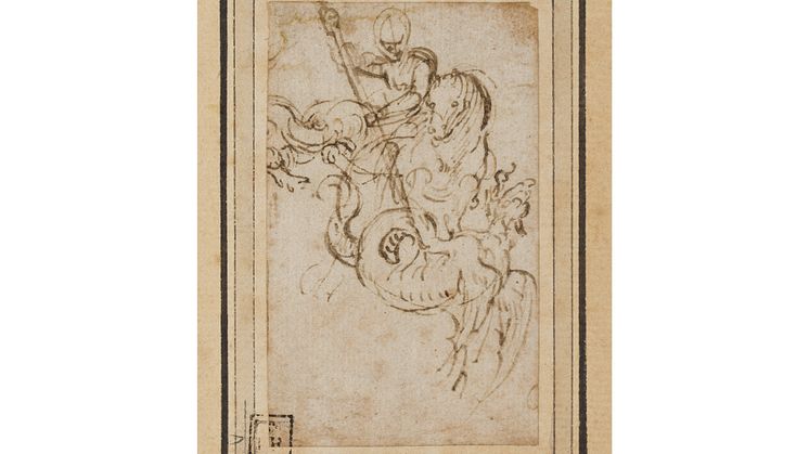 Paolo Caliari dit Veronese - Saint George terrassant le dragon, Plume et encre brune 9,5 x 5,2 cm