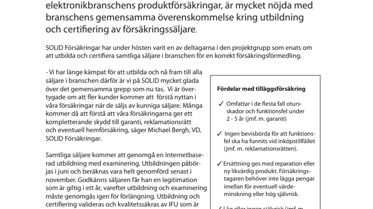 Certifikat krävs för att sälja försäkringar till hemelektronik.