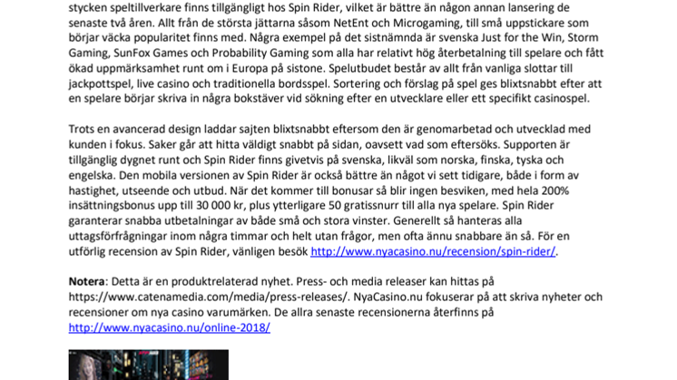 Nya Casino produktnyhet: Spin Rider utses till bästa sajten 2018