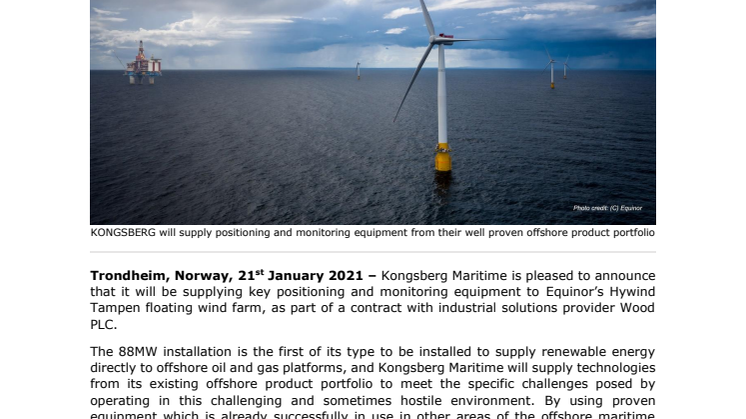 Kongsberg Maritime to supply equipment to world’s largest floating offshore wind farm