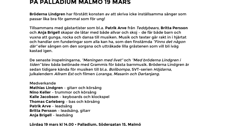 Bröderna Lindgren med gäster – Vuxen barnmusik – på Palladium Malmö 19 mars