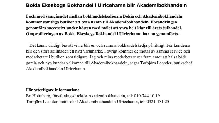 Bokia Ekeskogs Bokhandel i Ulricehamn blir Akademibokhandeln 