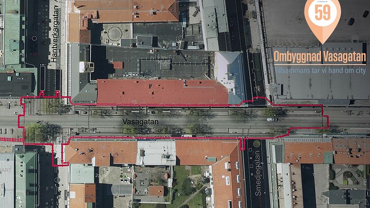 Bild över Vasagatan. Ombyggnationen sker inom det rödmarkerade området.