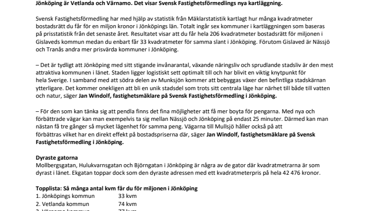 Ny kartläggning visar: Här får du flest kvadratmeter bostadsrätt  för pengarna i Jönköping
