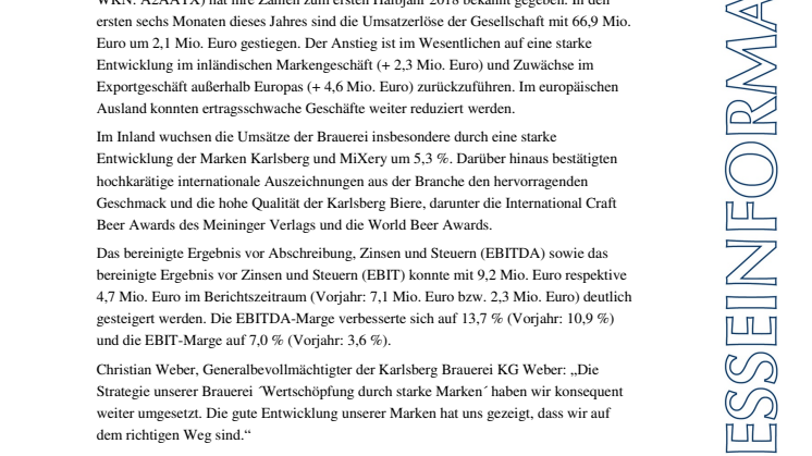 Karlsberg Brauerei veröffentlicht Halbjahreszahlen 2018