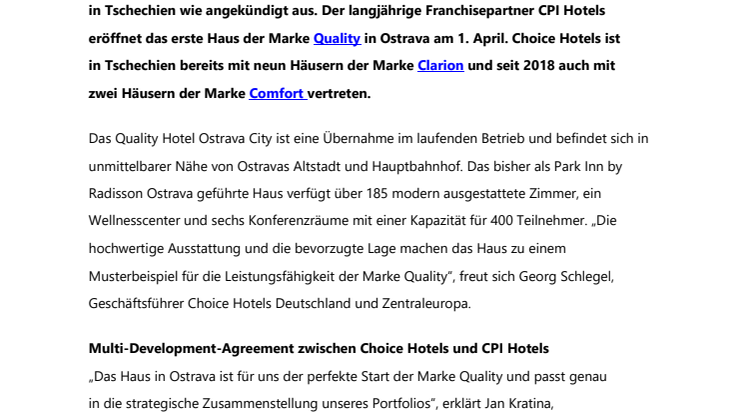 Choice Hotels eröffnet erstes Quality Hotel in Tschechien