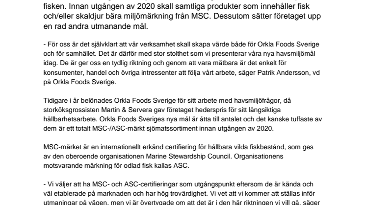 Orkla Foods Sverige satsar på 100% MSC-märkt fisk