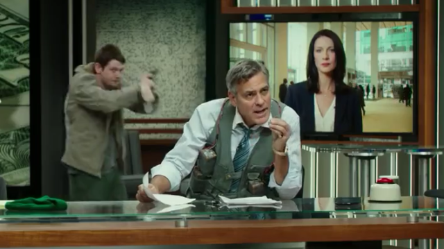 Crisis comms to the extreme: Lee Gates' (George Clooney) life depends on what Diane Lester (Caitriona Balfe) says in this live cross