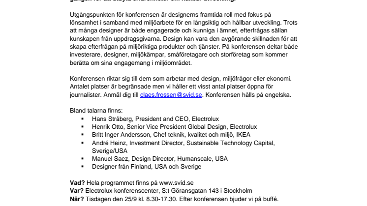 Hur kan designern bidra till både lönsamhet och bättre miljö? Pressinbjudan till konferensen Design och hållbar utveckling 