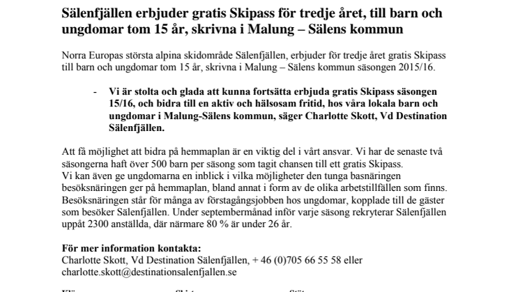 Sälenfjällen erbjuder gratis Skipass för tredje året, till barn och ungdomar tom 15 år, skrivna i Malung – Sälens kommun 