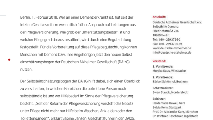 Hilfe bei der Beantragung eines Pflegegrads: Neuer Selbsteinschätzungsbogen der Deutschen Alzheimer Gesellschaft