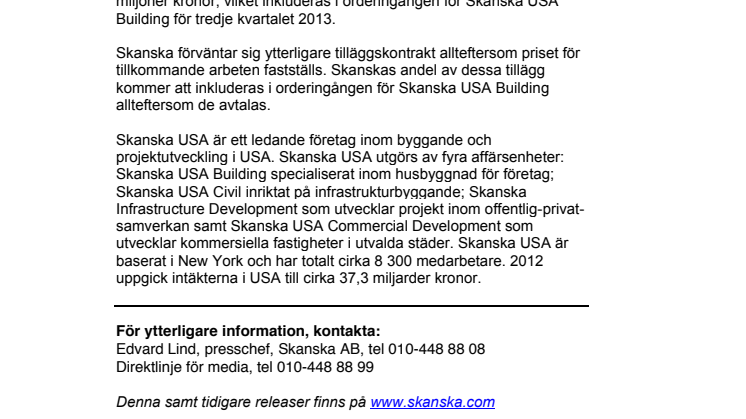 Skanska skriver tilläggskontrakt för FoU-anläggning i USA, värt cirka 780 miljoner kronor