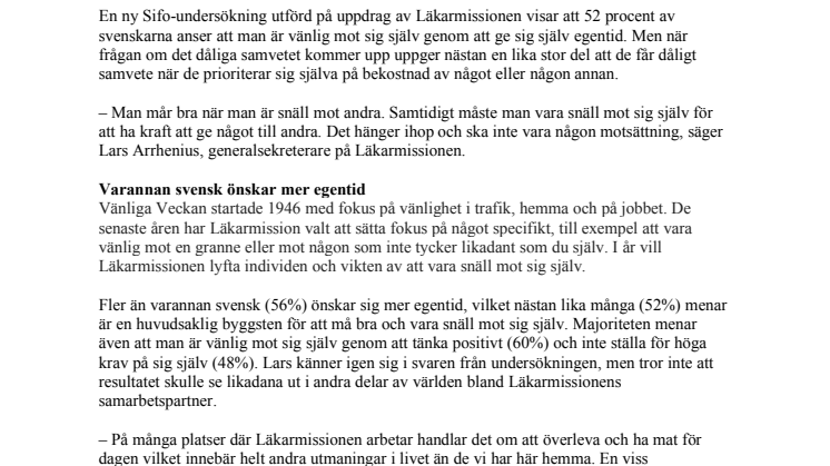 En påminnelse till svenskarna: var snäll mot dig själv    – Årets tema under Läkarmissionens Vänliga Veckan är vänlighet mot sig själv  