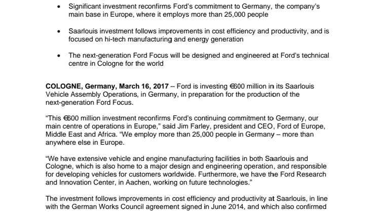 Ford Reconfirms its Commitment to Germany with a €600 Million Investment in its Saarlouis Operations