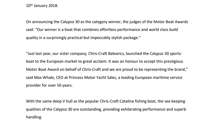 Princess Motor Yacht Sales: Chris-Craft Calypso 30 wins 2018 Motor Boat Award