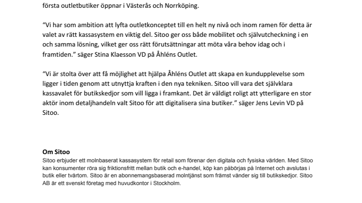 ​Åhléns väljer Sitoo för sina outletbutiker