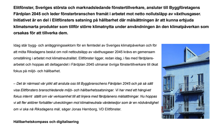 Elitfönster ansluter till Byggföretagens Färdplan för nollutsläpp av växthusgaser