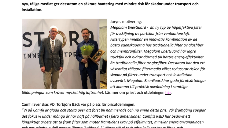 Camfil vinner Stora Inneklimatpriset för sin världsnyhet inom HEPA-filtrering för renrum  