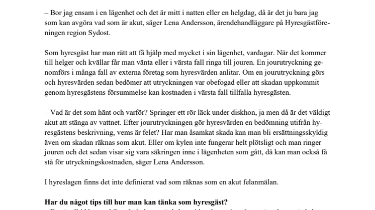 ​Vad räknar Hyresgästföreningen som ett akut fel?