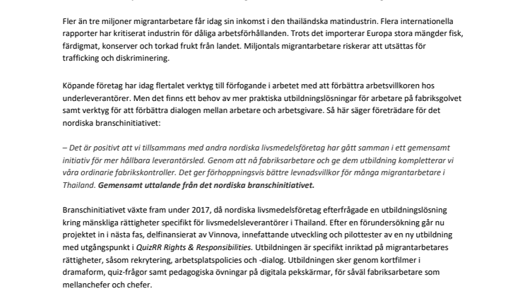 Nordic food companies pursue new training solution on human rights for migrant workers in Thailand