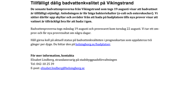 Tillfälligt dålig badvattenkvalitet på Vikingstrand