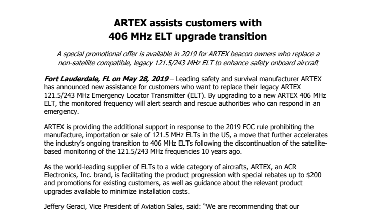 ARTEX assists customers with  406 MHz ELT upgrade transition