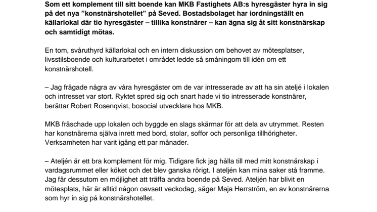 Ny mötesplats på Seved - MKB:s ny konstnärshotell