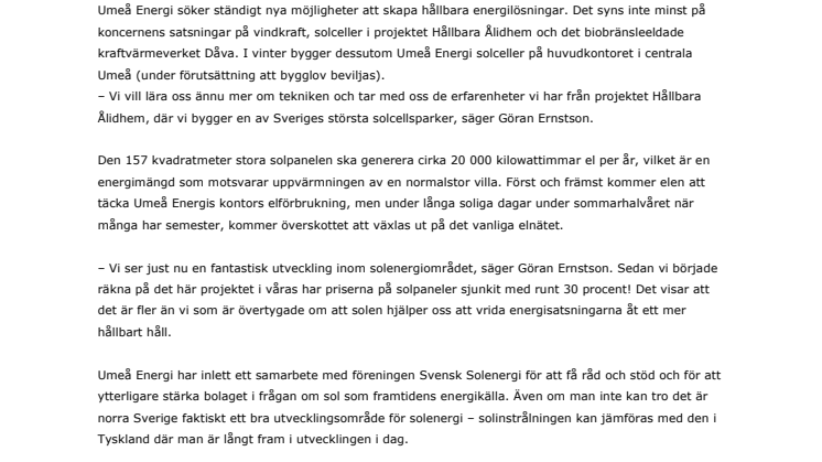 Umeå Energis huvudkontor får solpanel på taket