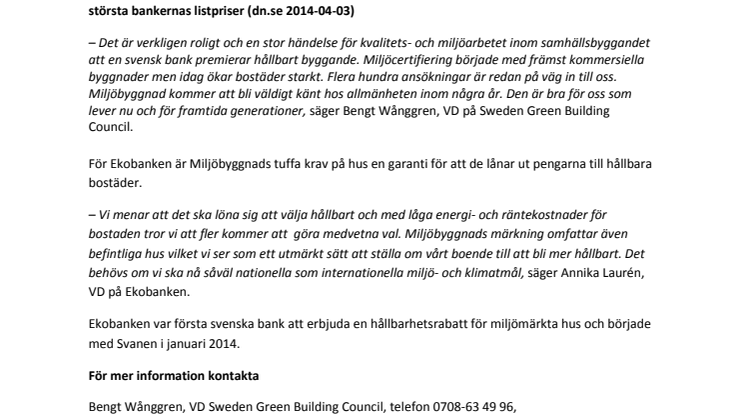 Ekobanken blir första bank med hållbarhetsrabatt på bolånet för alla boende i hus märkta med Miljöbyggnad