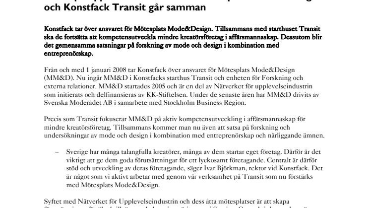 Fokus på upplevelseindustrin när Mötesplats Mode&Design och Konstfack Transit går samman 