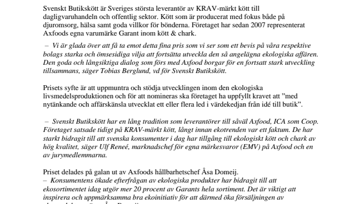 Garants ekopris till Svenskt Butikskött