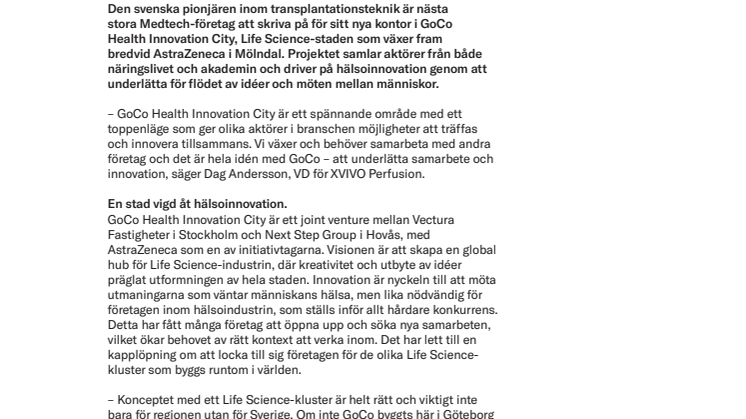 Börsnoterade XVIVO Perfusion lägger huvudkontor i GoCo Health Innovation City